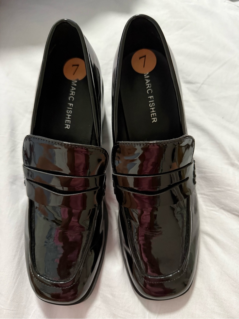 Marc Fisher Black Patent Finish Square Toe Block Heel Loafers